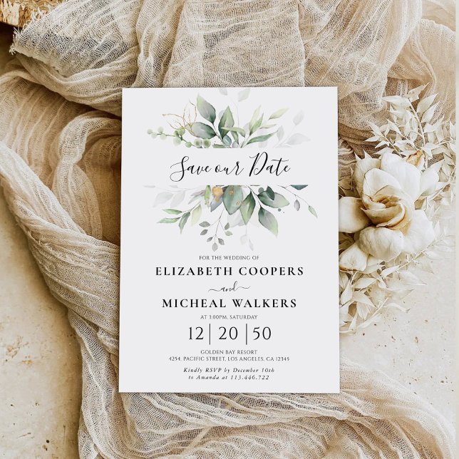 Eukalyptus Gold Floral Greenery Rette unsere Datum Save The Date (Von Creator hochgeladen)