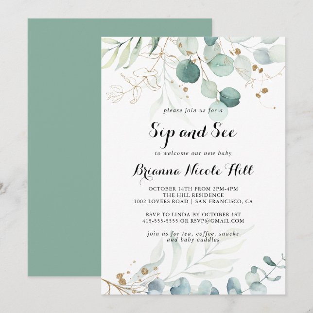 Eukalyptus Gold Floral Sip und Siehe Einladung (Vorne/Hinten)