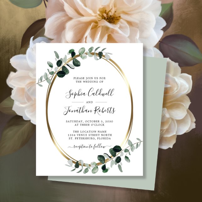 Eukalyptus Gold Foil Sage Wedite (Budget Eucalyptus Gold Oval Wedding Invitation ScriptNames WhiteSage)