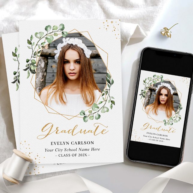 Eukalyptus Gold Geometric Foto Graduation Party Einladung (Von Creator hochgeladen)
