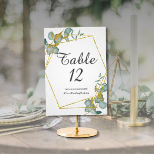 Eukalyptus Gold Glitter Blätter Hochzeit Hashtag Tischnummer