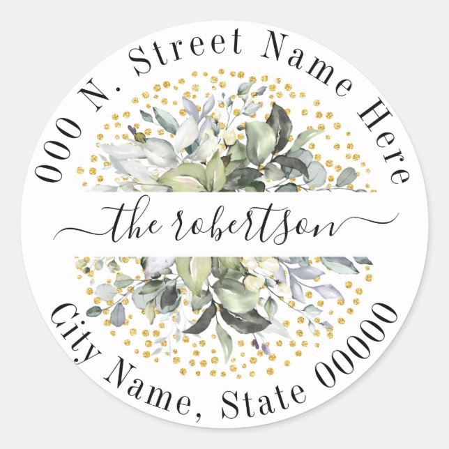 Eukalyptus Gold Glitzer Rücksendeadresse Runder Aufkleber (Vorderseite)
