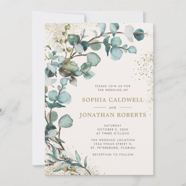 Eukalyptus Gold Glitzer Wedding in einem QR-Code Einladung (Vorderseite)