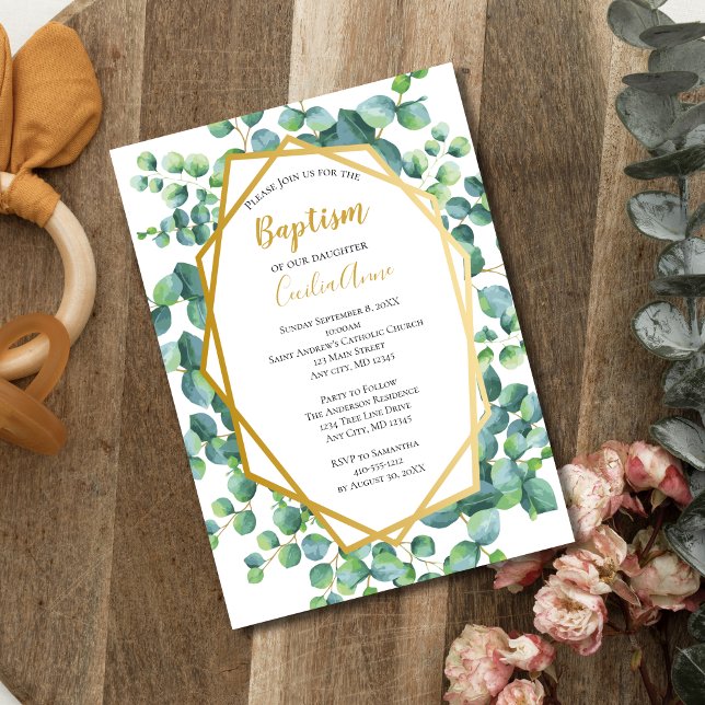 Eukalyptus Gold Green Floral Boy Girl Taufe Einladung (Eucalyptus Gold Frame Formal Baptism Invitation Baby Boy or Girl. Printed or Instant Download )