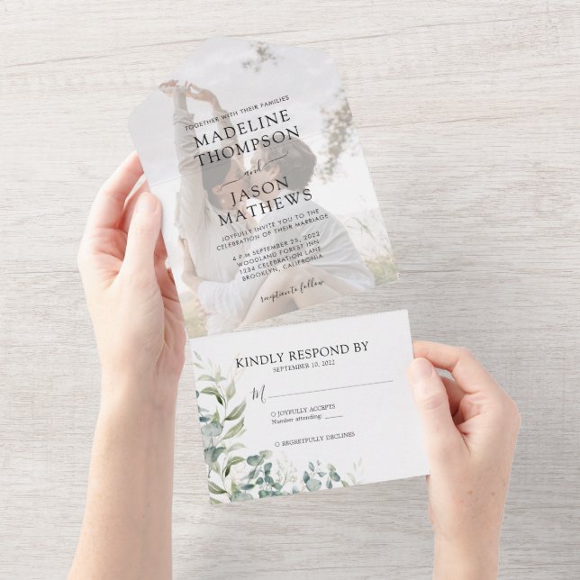 Eukalyptus Gold Greenery Foto Wedding All In One Einladung (Abreißen)