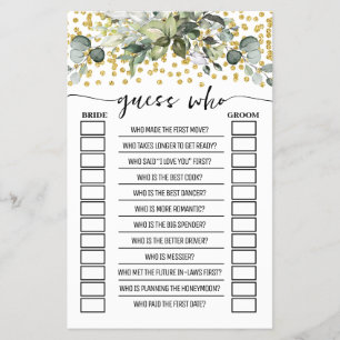Eukalyptus Gold Guess Who Brautparty Game Card Flyer