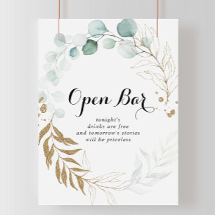 Eukalyptus Gold Hochzeit Open Bar Sign Poster