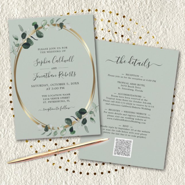 Eukalyptus Gold Metallic Sage All in one Wedding Einladung (Von Creator hochgeladen)