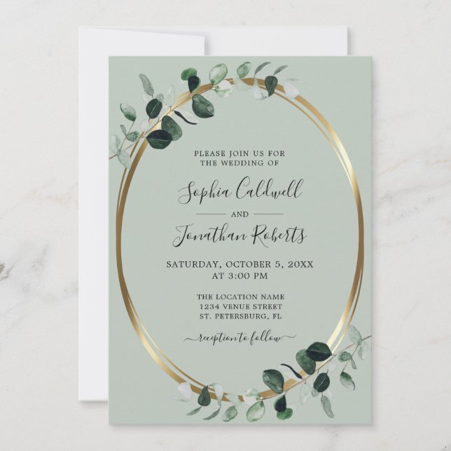 Eukalyptus Gold Metallic Sage All in one Wedding Einladung (Vorderseite)