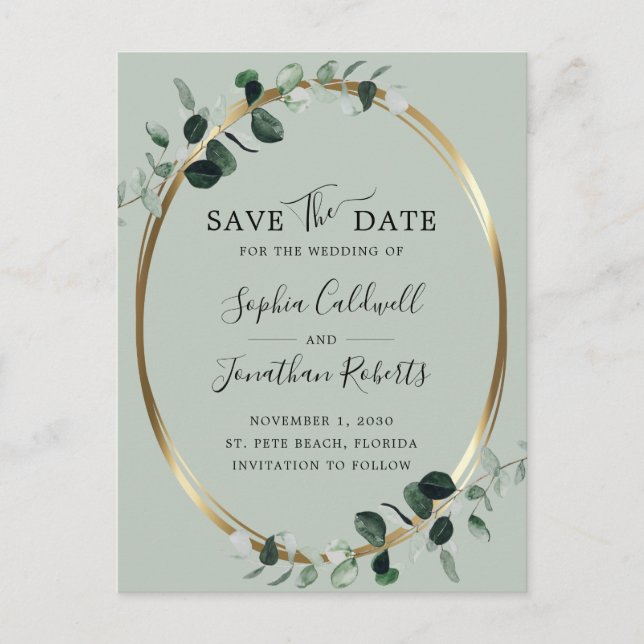 Eukalyptus Gold Metallic Sage Save the Date Ankündigungspostkarte (Vorderseite)