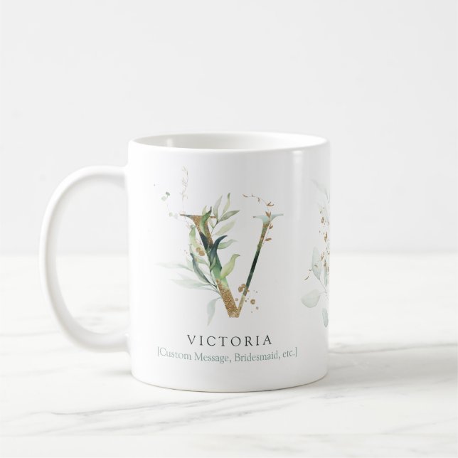 Eukalyptus Gold Monogram Initial V Greenery Chic Kaffeetasse (Links)