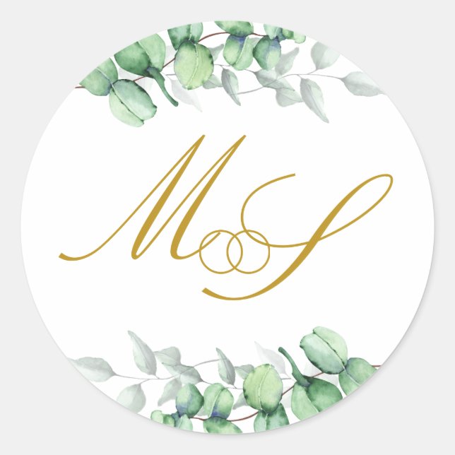 Eukalyptus Gold Monogram Wedding Runder Aufkleber (Vorderseite)