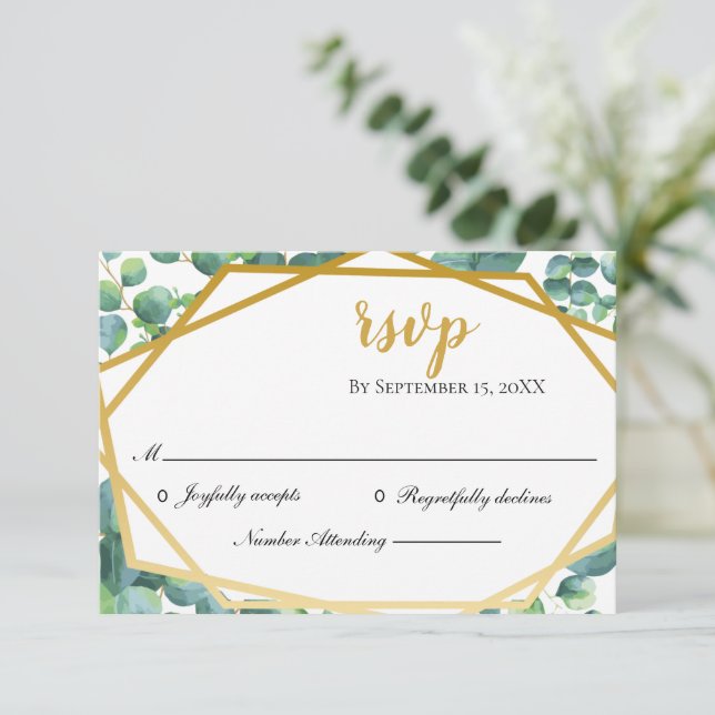 Eukalyptus Gold Rustic Wedding RSVP Card (Stehend Vorderseite)