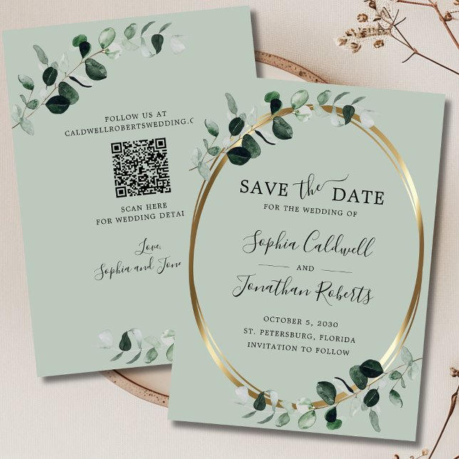 Eukalyptus Gold Sage QR Code Hochzeit Save The Date (Updated Eucalyptus Gold Sage Save the Date 5x7 Flat Card)