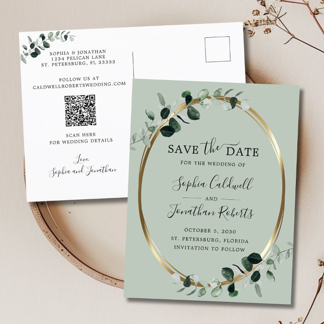 Eukalyptus Gold Sage QR Save the Date Ankündigungspostkarte (Updated Eucalyptus Gold Sage Save the Date Announcement Postcard)