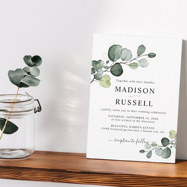 Eukalyptus Gold Spritzer Greenerity Wedding Einladung (Eucalyptus Gold Splatter Greenery Wedding Invitation)