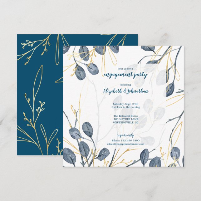 Eukalyptus Gold Watercolor Garden Engagement Party Einladung (Vorne/Hinten)