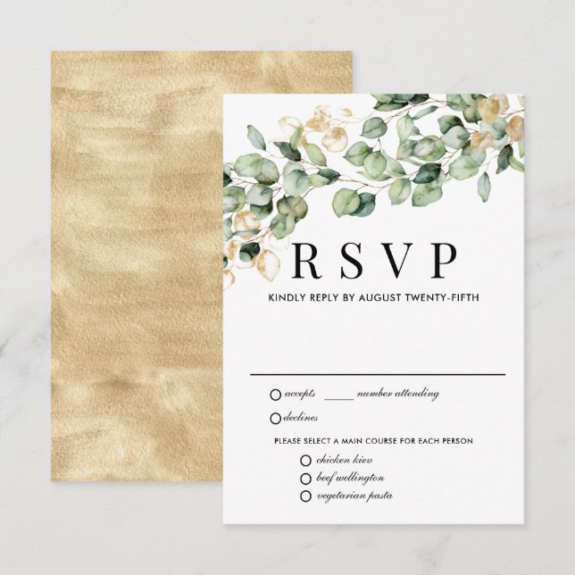 Eukalyptus Gold Wedding RSVP Card, Optionen zum Es Karte (Vorne/Hinten)