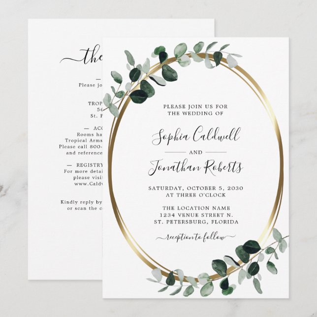 Eukalyptus Gold White Wedding in einem QR Code Einladung (Vorne/Hinten)