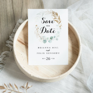 Eukalyptus-Goldkalligrafie Save the Date Postkarte