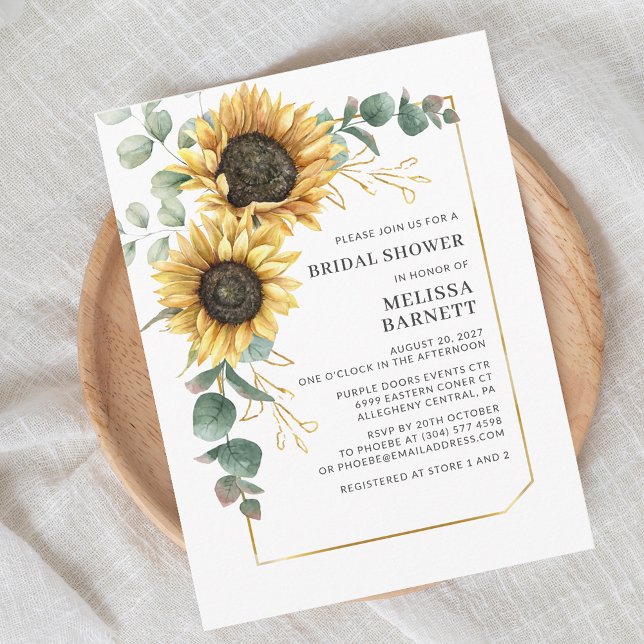 Eukalyptus-Goldrahmen-Brautparty Einladungspostkarte (Modern Sunflower Eucalyptus Script First Last Name Bridal Shower Invitation)