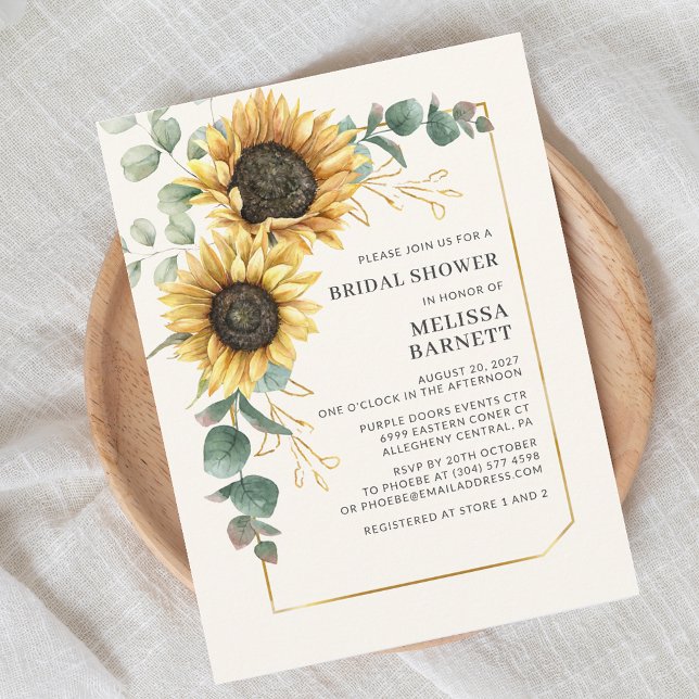 Eukalyptus-Goldrahmen-Brautparty Einladungspostkarte (Elegant Sunflower Eucalyptus Script First Last Name Bridal Shower Invitation)