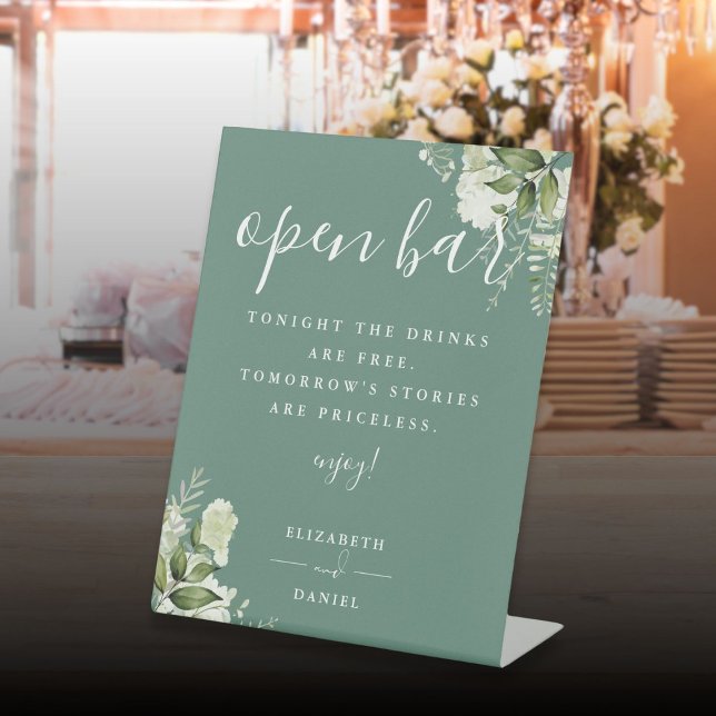 Eukalyptus Green Elegant Grüne Grüne Weinroute Bar Sockelschild (Eucalyptus Green Elegant Greenery Floral Open Bar Pedestal Sign)