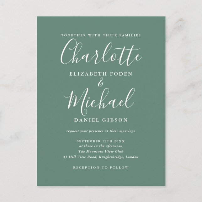 Eukalyptus Green Elegant Moderne Skripthochzeit Einladungspostkarte (Vorderseite)