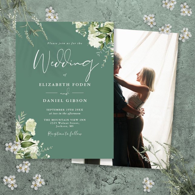 Eukalyptus Green Floral Elegantes Foto Hochzeit Einladung (Eucalyptus Green Floral Elegant Photo Wedding Invitation)