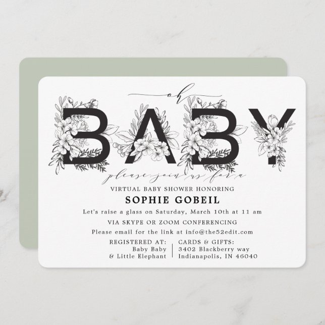 Eukalyptus Green Floral VIRTUTAL Baby Dusche Einladung (Vorne/Hinten)