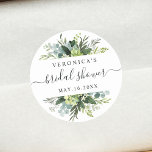 Eukalyptus Green Foliage Brautparty Runder Aufkleber<br><div class="desc">Dieser Hochzeitsaufkleber mit Brautparty,  Aquarellmalung,  botanisches Grün und hellblaue Blätter mit moderner Kalligraphie. Klicken Sie auf die SCHALTFLÄCHE BLAUE DESIGN TOOL,  um eine erweiterte Anpassung dieses Designs zu erhalten. Matching-Elemente sind ebenfalls verfügbar.</div>