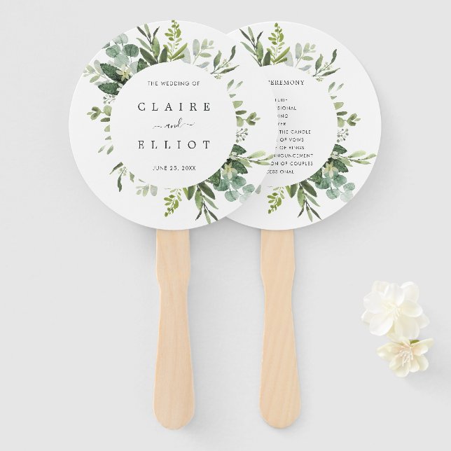 Eukalyptus Green Foliage Wedding Program Handfan Fächer (Vorne und Hinten)