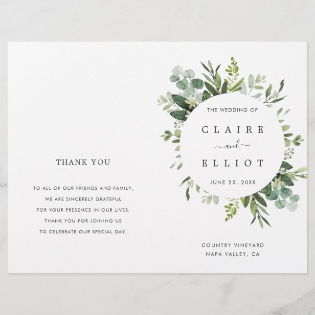 Eukalyptus Green Foliage Wedding Zeremony Program (Vorderseite)