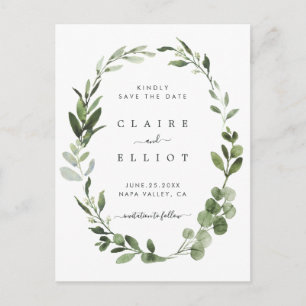 Eukalyptus Green Foliage Wreath Save the Date Ankündigungspostkarte