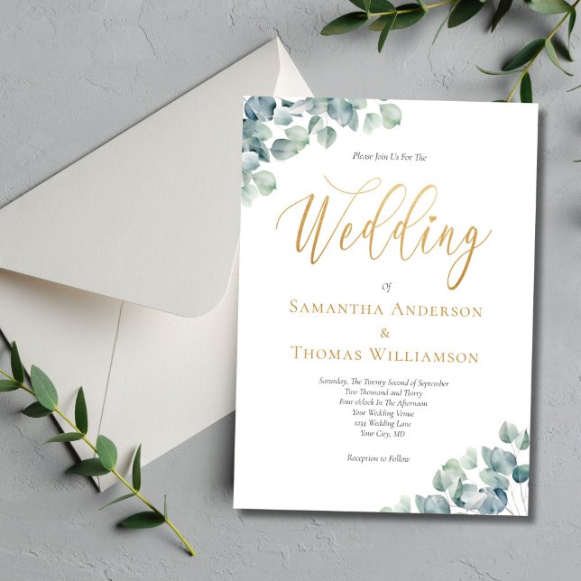 Eukalyptus Green Gold Script Elegante Wedding Einladung (Eucalyptus Greenery Gold Script Formal Elegant Wedding invitation)