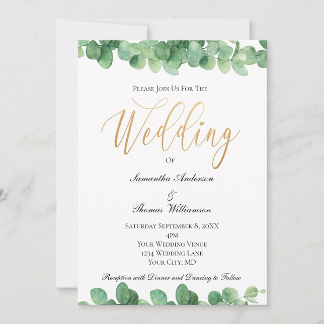 Eukalyptus Green Gold Script Elegante Wedding Einladung (Vorderseite)