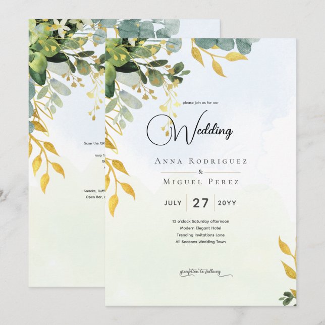 Eukalyptus Green Gold Wedding Einladung Grün (Vorne/Hinten)