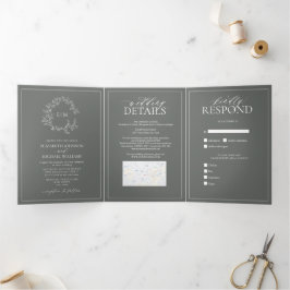 Eukalyptus Green Leafy Wappen Monogram Wedding Dreifach Gefaltete Einladung