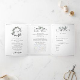 Eukalyptus Green Leafy Wappen Monogram Wedding Dreifach Gefaltete Einladung