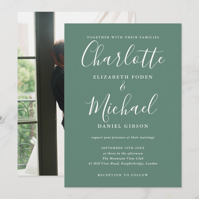 Eukalyptus Green Modern Script Foto Wedding Einladung (Vorne/Hinten)