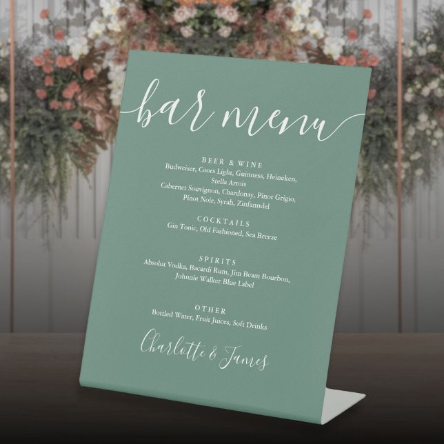 Eukalyptus Green Modern Script Wedding Bar Menu Sockelschild (Eucalyptus Green Modern Script Wedding Bar Menu Pedestal Sign)