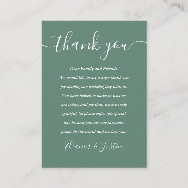 Eukalyptus Green Modern Script Wedding Vielen Dank Platzkarte (Vorderseite)