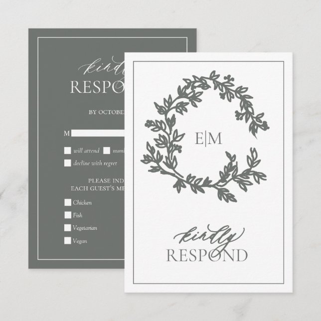 Eukalyptus Green Monogram Wedding RSVP Card Karte (Vorne/Hinten)