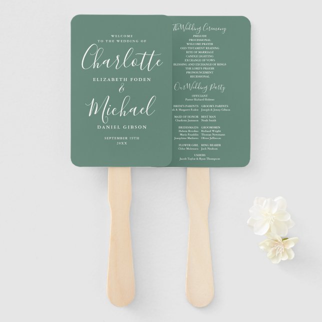 Eukalyptus Green Signature Script-Hochzeitsprogram Fächer (Vorne und Hinten)
