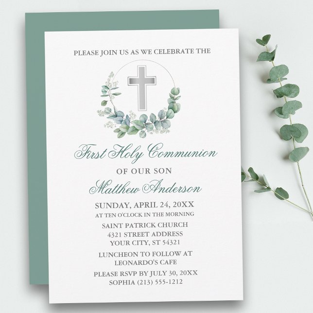 Eukalyptus Green Silver First Communion Einladung (Customize to change text color, size, style or to change color of back of card.)