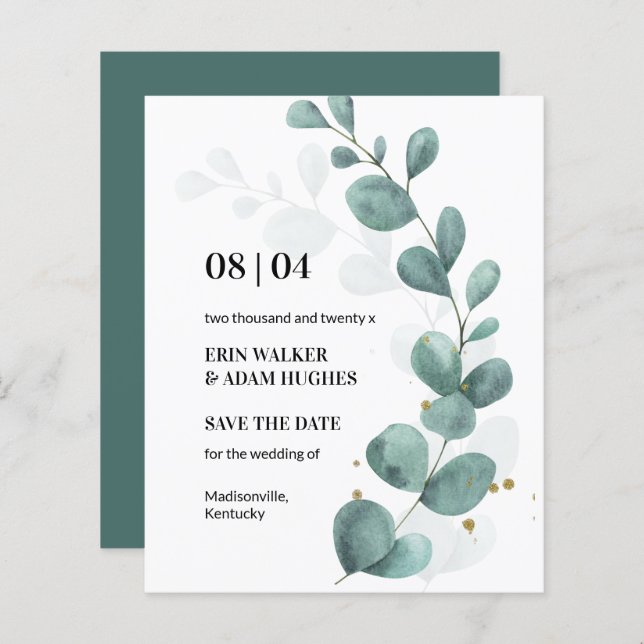 Eukalyptus Green Watercolor Save the Date (Vorne/Hinten)