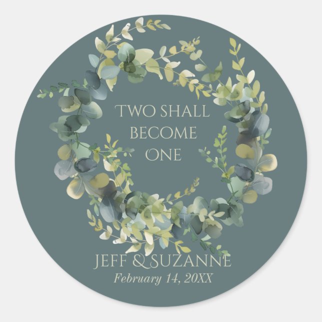 Eukalyptus Green Wreath Two wird eine Hochzeit Runder Aufkleber (Vorderseite)