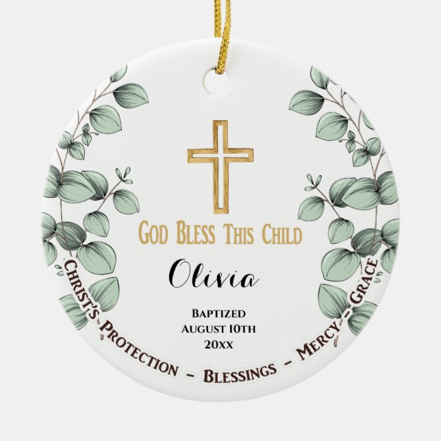 Eukalyptus Greenary Christening Taufe Keramik Ornament (Vorne)