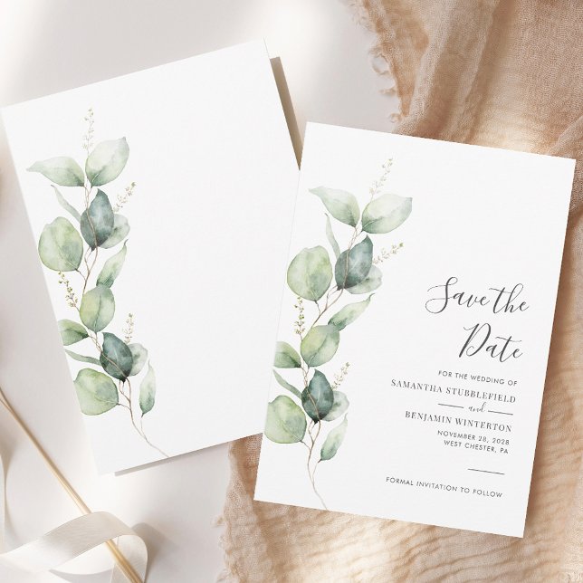 Eukalyptus Greenerage Foliage Script Wedding Save The Date (Eucalyptus Greenery Foliage Script Wedding Save The Date)