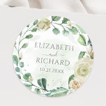 Eukalyptus Greenerity Blätter Elegante Hochzeit de Runder Aufkleber<br><div class="desc">Ein eleganter Blumenaufkleber mit Aquarellfarben-Rose und Eukalyptus-Blätter.</div>